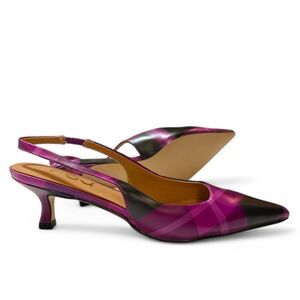 FSJ Purple & Black Plaid Pointed Toe Slingback Kitten Heels, NEW! Size 9.5